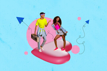 Creative collage picture of two mini excited people dance big heart hold boombox flying paper...