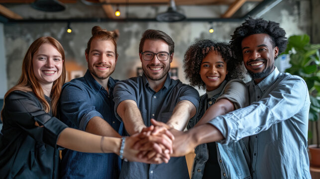 Portrait of a diverse group of young adults stacking their hands together in a gesture of unity and teamwork, all smiling and looking at the camera.