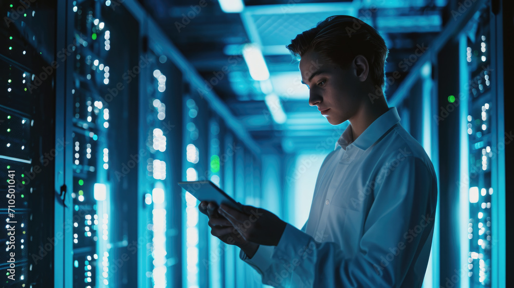 Aufkleber focused it professional using a laptop while standing in a server room with racks of network equipme