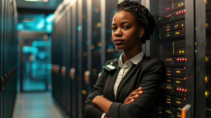 Confident young woman standing in a data center with racks of network servers and glowing lights in the background