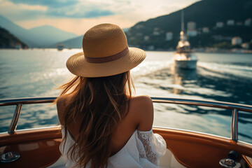 Generative AI image photo of charming lady swim in the sea luxury vacation on a cruise ship - obrazy, fototapety, plakaty