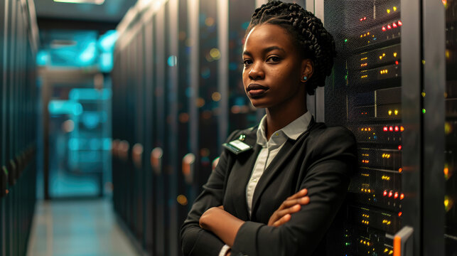 Confident young woman standing in a data center with racks of network servers and glowing lights in the background
