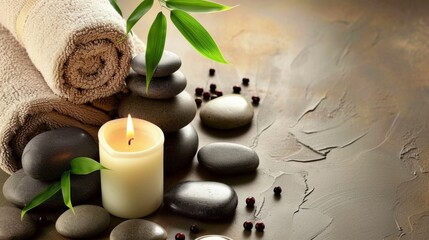 Obraz na płótnie Canvas Harmonious SPA composition of balanced stones, towels, green leaves, and accessories for body treatments. Wellness and relaxation