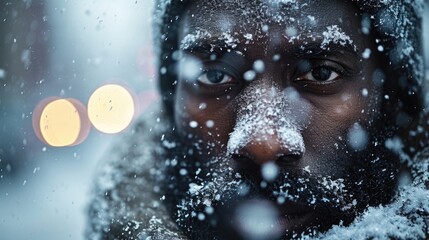 Extreme cold, Close-Up African Man's Face Buffeted by Blowing Snow, Icicles Forming on Beard, City Street Lights Blurred in the Background, Expression of Endurance