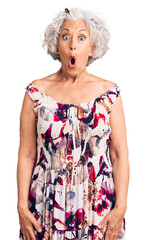 Senior grey-haired woman wearing casual clothes afraid and shocked with surprise expression, fear...