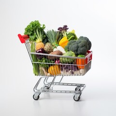 Shopping cart full of fresh vegetables isolated on a white background