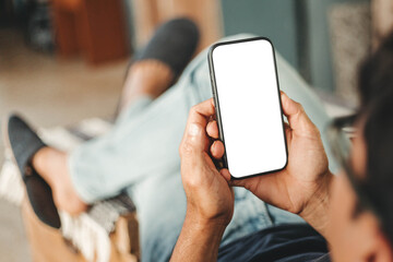 cell phone blank white screen mockup.hand holding texting using mobile on desk at office.background empty space for advertise.work people contact marketing business,technology