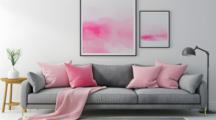 Grey sofa with pink pillows and blanket against white wall with abstract art poster. Interior design of modern living room, psychedelic, Anemoiacore, drawing, aerial view, Maya rendering, High contras - obrazy, fototapety, plakaty