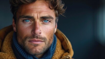 Obraz premium Close up portrait of a handsome man in winter clothes looking at camera