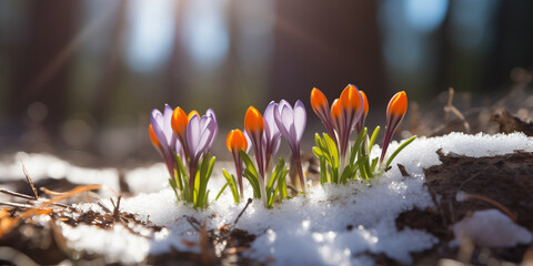 Beautiful wild spring crocuses are peeking through the snow., on sunny  spring day.