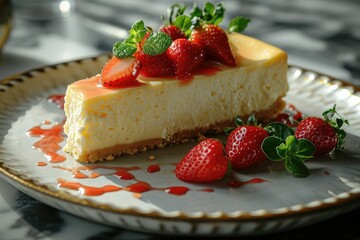 A piece of delicious dessert. Cheesecake with strawberries on a saucer. 