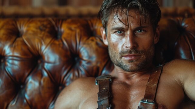 Portrait of a handsome muscular man in on a leather sofa.