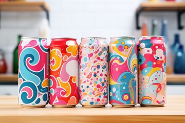 several cans with colorful mockup designs, white canvas