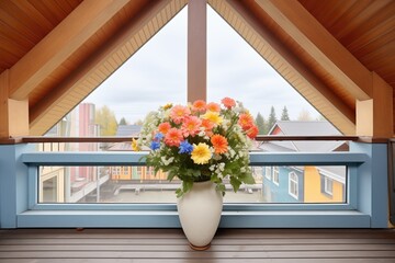 Fototapeta premium wooden aframe with colorful flowers on the loft balcony