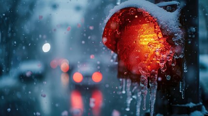 Extreme cold, Climate change, Urban Freeze, Close-Up of a Frozen Traffic Light with Icicles, Snowflakes Blurring the Red Light. - obrazy, fototapety, plakaty