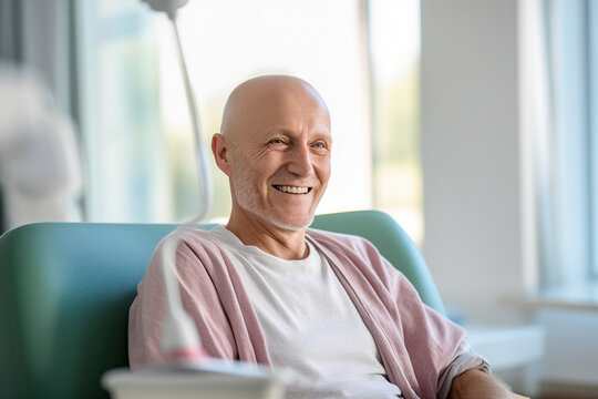 Created with generative AI picture of cancer smiling patient in a hospital