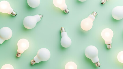 Background of white led light bulbs with glowing light bulbs on light blue backdrop. Ecology, save energy, environment and creative and idea concept. Fat lay - obrazy, fototapety, plakaty