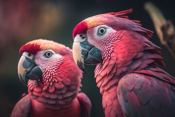 Fototapeta premium Pretty in Pink: Enchanting Duo of Parrots in Vivid Rosy Plumage. A Splash of Tropical Elegance