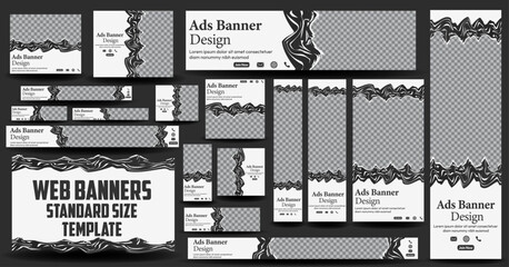 Set of creative web banners of standard size with a place for photos. Gradient black and white. Business ad banner. Vertical, horizontal and square templates - obrazy, fototapety, plakaty