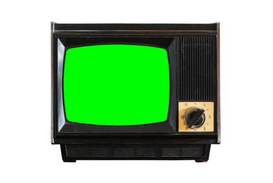 Old vintage 1970s TV with green screen for adding video isolated on white background.Vintage TVs 1960s 1970s 1980s 1990s 2000s. 