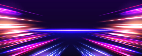 Horizontal night road in the form of a panorama with neon lights. Car motion trails. Speed line motion vector background. - obrazy, fototapety, plakaty