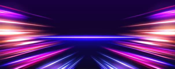 Foto op Canvas Horizontal night road in the form of a panorama with neon lights. Car motion trails. Speed line motion vector background. © ikril
