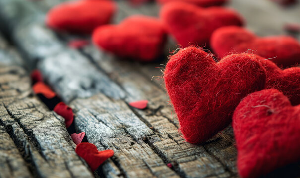 Felted red love hearts on a rustic wooden background for Valentine's day