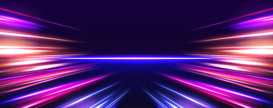 Horizontal night road in the form of a panorama with neon lights. Car motion trails. Speed line motion vector background.