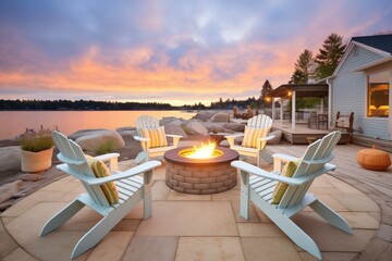lakeshore cottage at sunset with a lit fire pit and chairs - obrazy, fototapety, plakaty