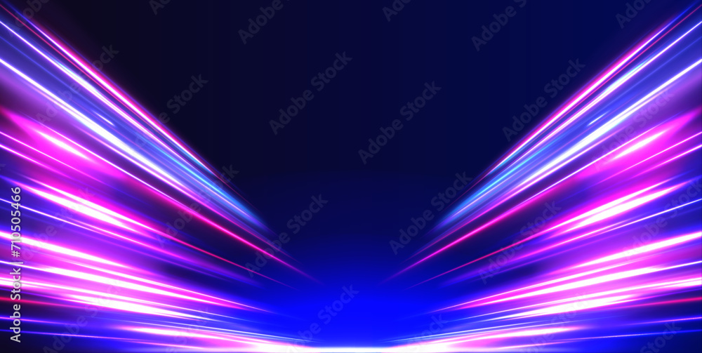 Aufkleber Cyberpunk light trails in motion or light slow shutter effect. Acceleration speed motion on night road. Bright sparkling background. Panoramic high speed technology concept, light abstract background.