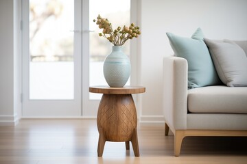 wood side table with ceramic vase