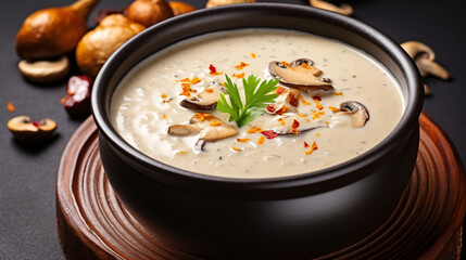 Mushroom Soup on dark stone table. Hot autumn dish