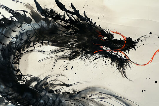 An abstract brush stroke chinese dragon painted in watercolor ink. Chinese new year of the Dragon