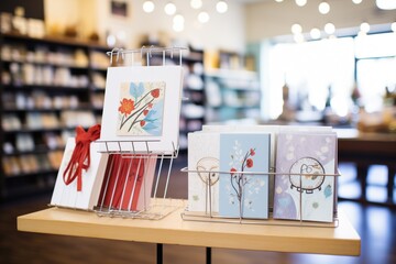 handcrafted greeting cards on a display rack