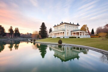 italianate mansion with belvedere overlooking a serene lake - obrazy, fototapety, plakaty