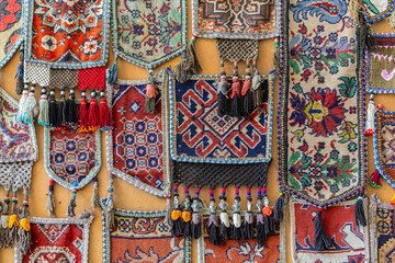 Carpet shop selling traditional oriental rugs in Bukhara, Uzbekistan.