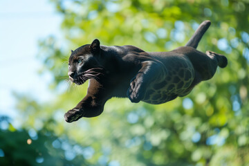 flying parterre in the air. very high jump. aggressive look. close-up against the backdrop of nature. wild nature. Black Spotted leopard, panthera pardus, leaping