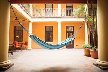 a hammock strung between columns in a courtyard