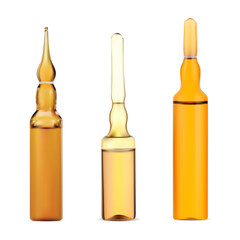Vaccine ampoule mockup. Cosmetic serum glass ampule vector illustration. Brown vial of liquid treatment injection dose, prevention immunization therapy. Medicine drug bottle mock-up