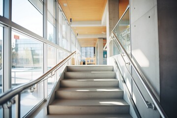 concrete stairway with glass balustrade in a public building - obrazy, fototapety, plakaty