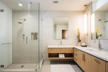 luxury bathroom with glass shower and concrete vanity