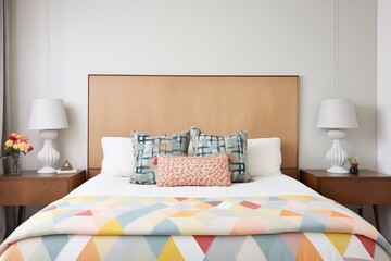 bedroom, lopsided headboard with geometric bedding