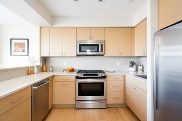 minimalist kitchen, asymmetrical cabinets, stainless steel appliances