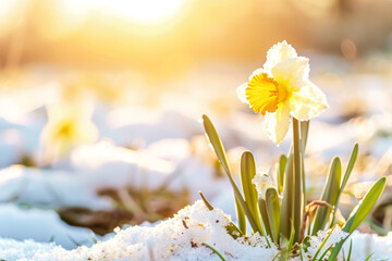 View of tender spring flower in snowy park. New fresh narcissist blossom in beautiful morning with sunlight. Wildflowers in the nature. Copy space