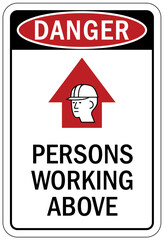 Men working above warning sign and labels