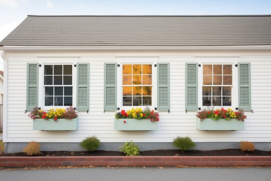 white saltbox, floral window boxes, green shutters