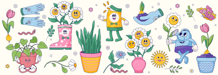 Set of Cartoon characters of retro plants in the style of the 70-90s and elements - gloves, sun, butterfly, worm, seeds. Set of vintage stickers. Elements of spring planting. Vector illustration.
