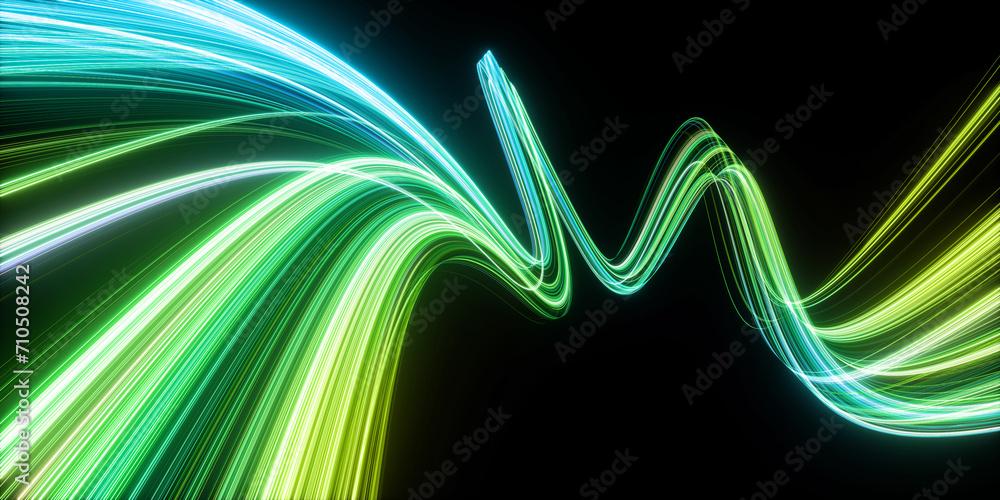Poster 3d render. abstract background of dynamic emerald green neon lines glowing in the dark. modern fanta