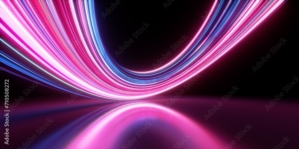Poster 3d render. abstract neon background of glowing lines and floor reflection. modern wallpaper
