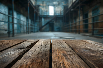 Foreground Wooden Table, Blurred Prison Background